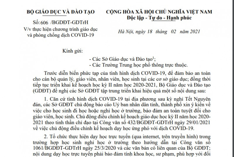 Bộ GDĐT chỉ đạo thực hiện chương trình giáo dục và phòng chống dịch COVID-19