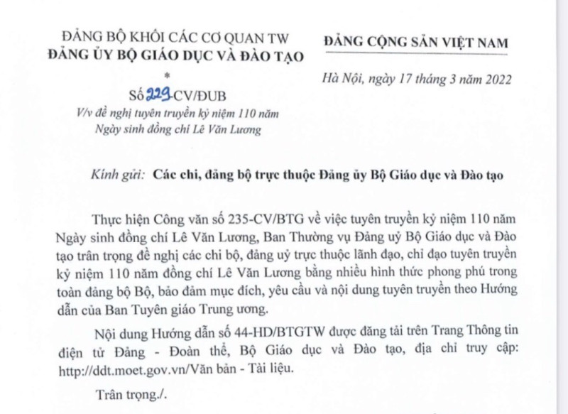 Kỷ niệm 110 năm ngày sinh đồng chí Lê Văn Lương